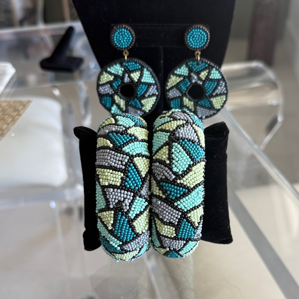 Hand-Beaded Turquoise & Mint Hoop Earrings